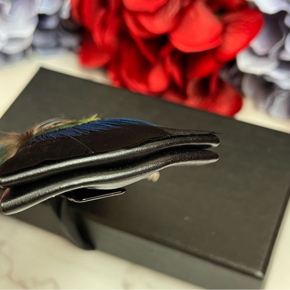 Handmade Blue and Green Spotted Feather Bow Tie Boutonnière Lapel Pin Set - Picture 5 of 12